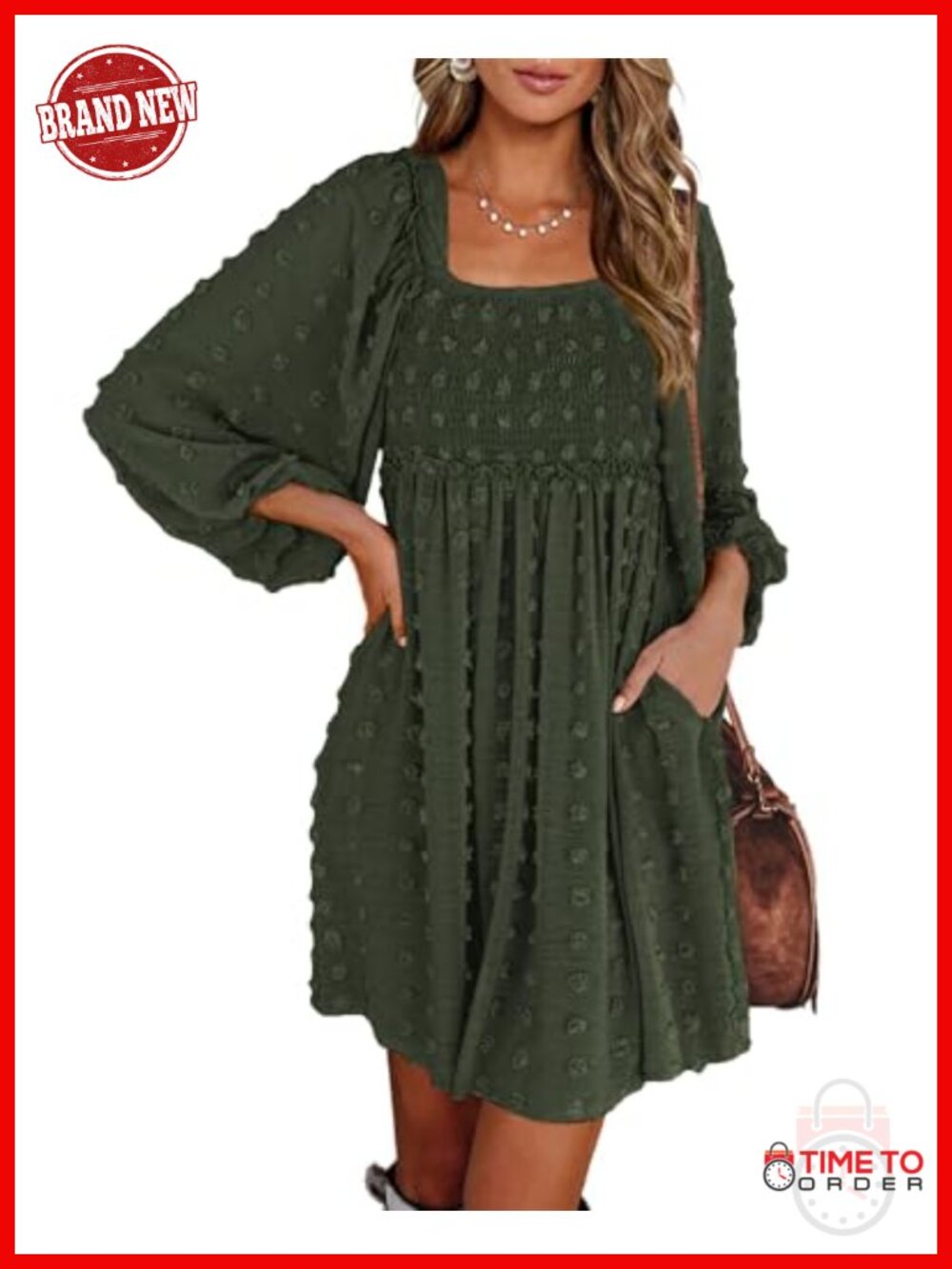 Women's Mini Smocked Dress Square Neck Long Sleeve Ruffle Hem Casual